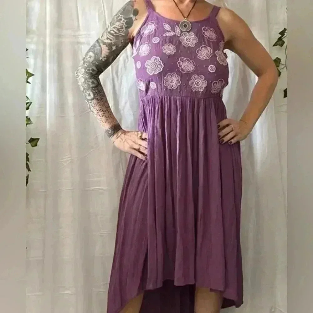 High Low Adjustable Purple Tank Dress with White Embroidery